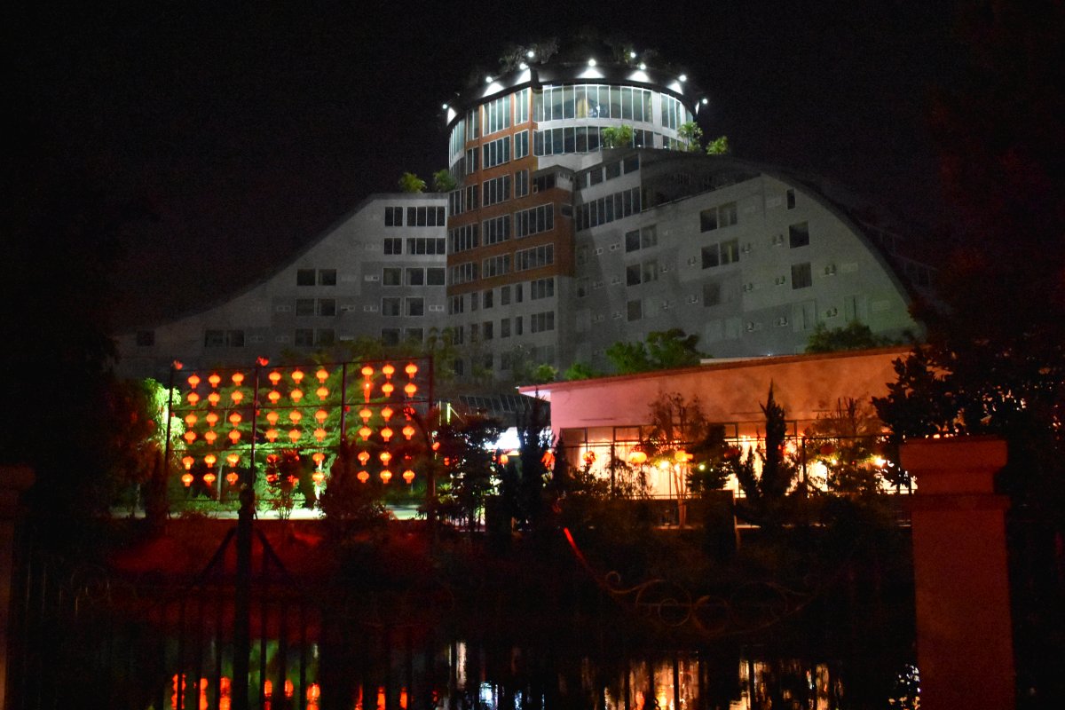 lobby and restaurants are lit up, but not a single guest